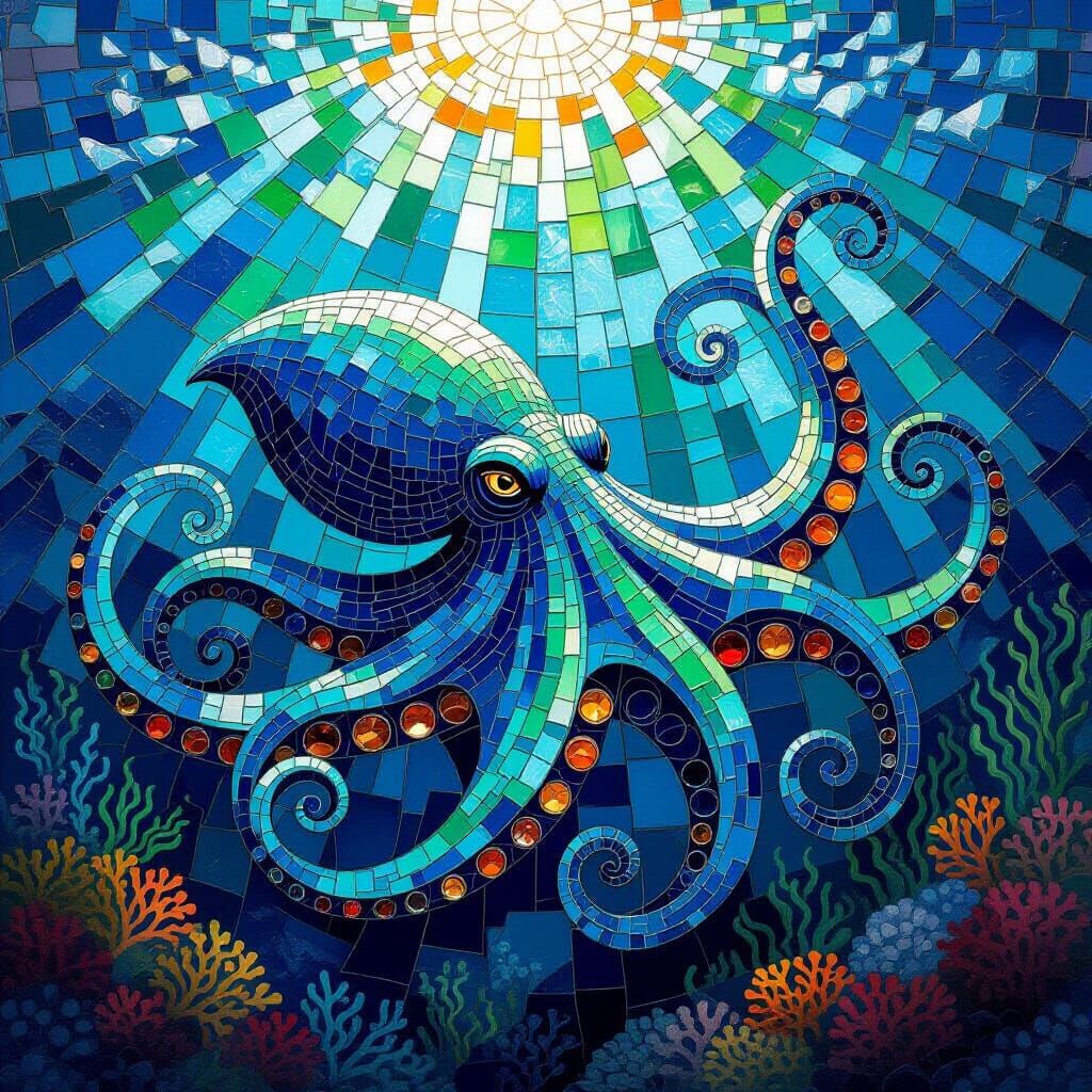 Vibrant Sea Glass Mosaic of Kraken Emerging from Ocean Depth...