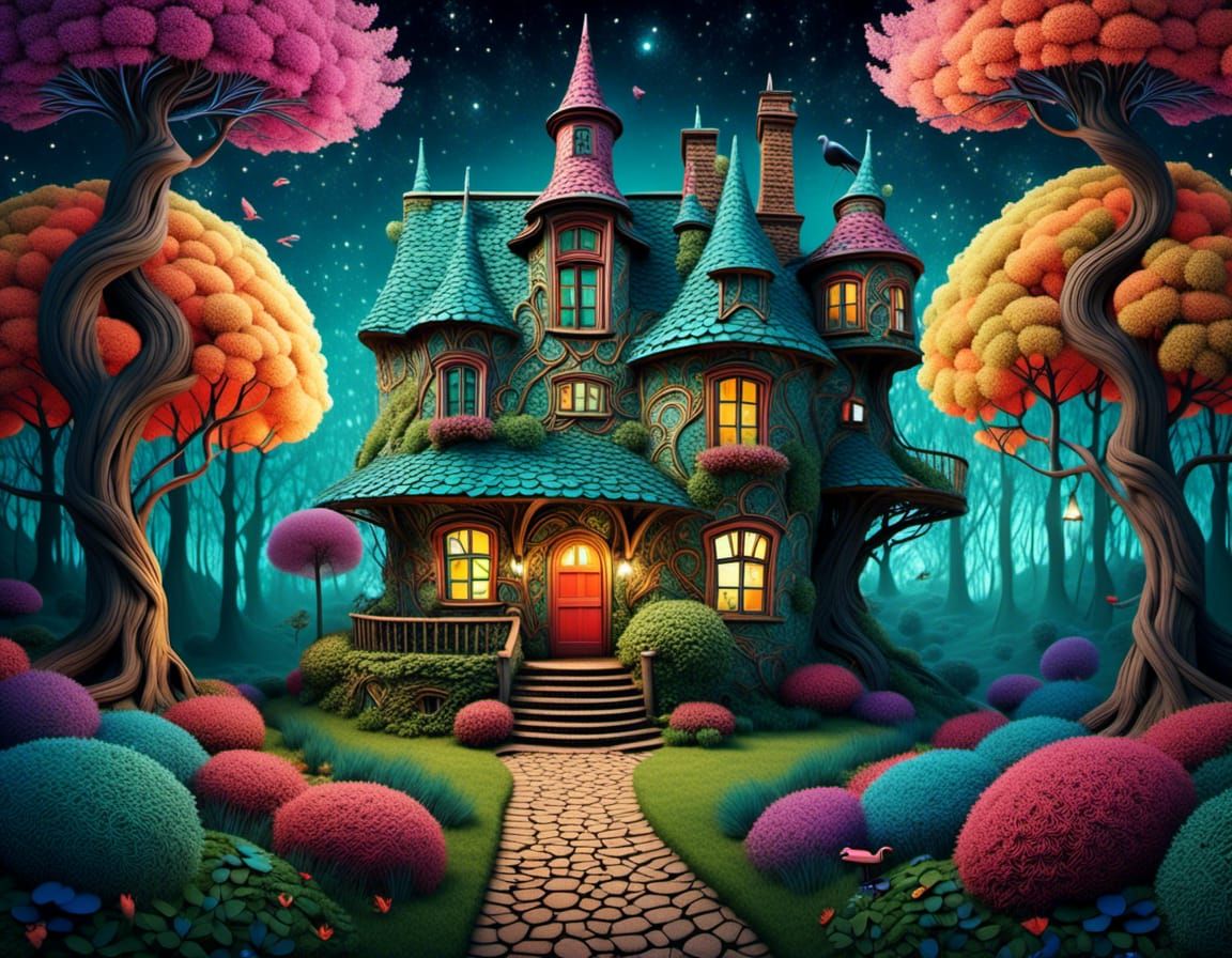 Mystical Cottage in Whimsical Forest with Zentangle Details