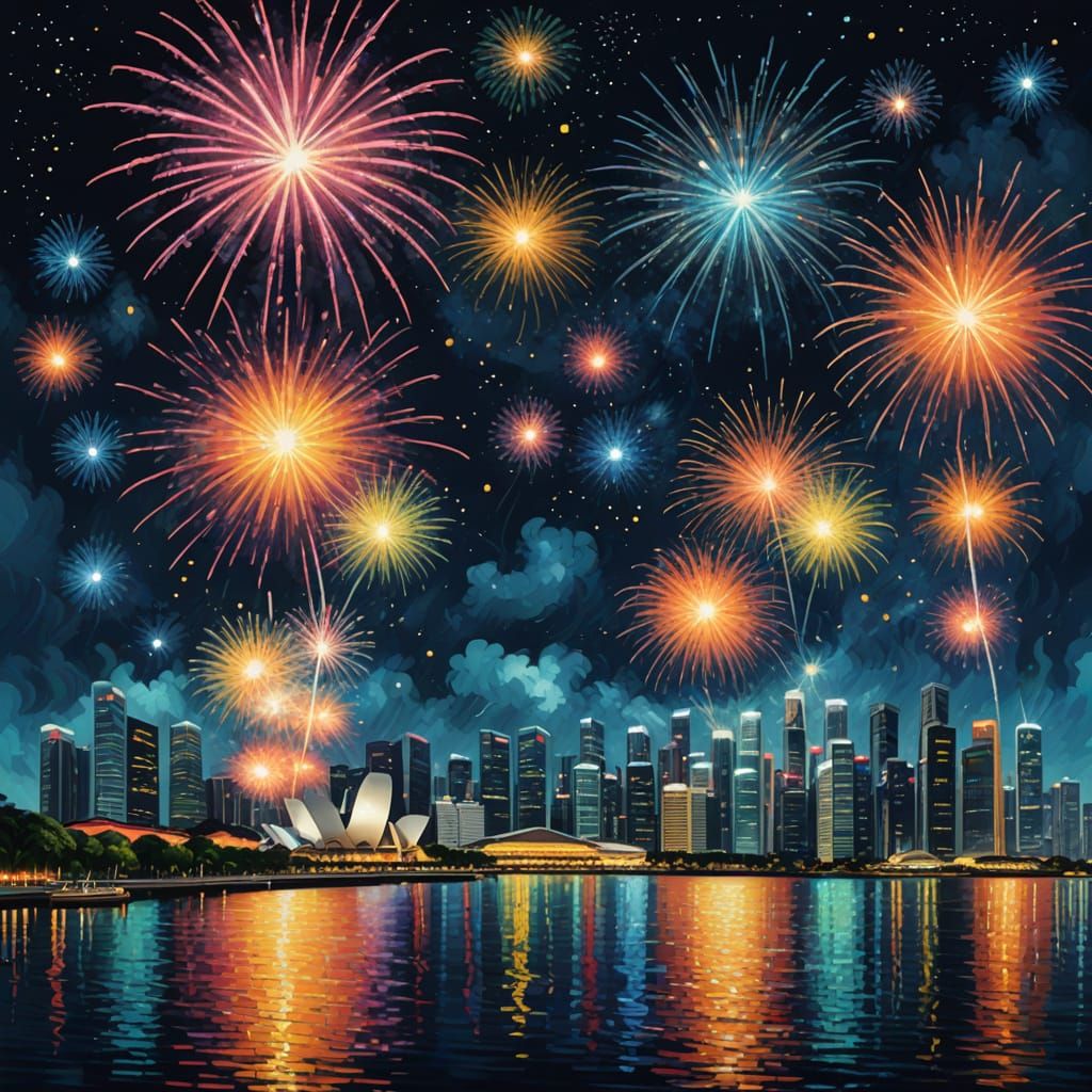 Vibrant Singapore Cityscape with Fireworks in Whimsical Impr...