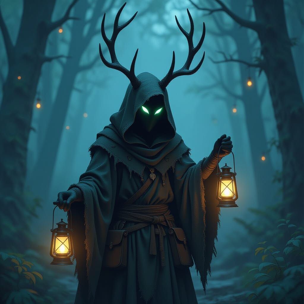 Mysterious Antlered Figure Lights Lanterns in Whimsical Styl...