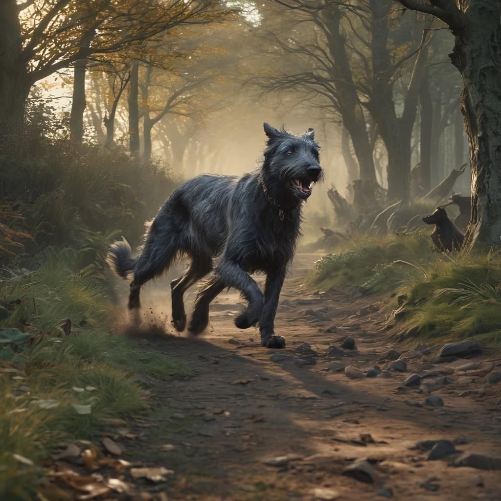 Cinematic Cat Escaping Deerhound in Dramatic Detail