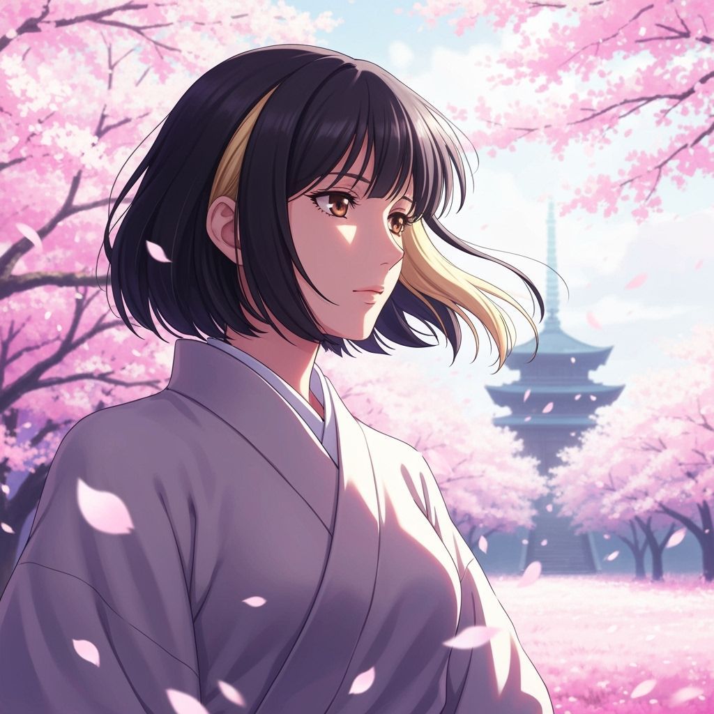 Anime Woman in Cherry Blossoms Gazing at Ethereal Temple