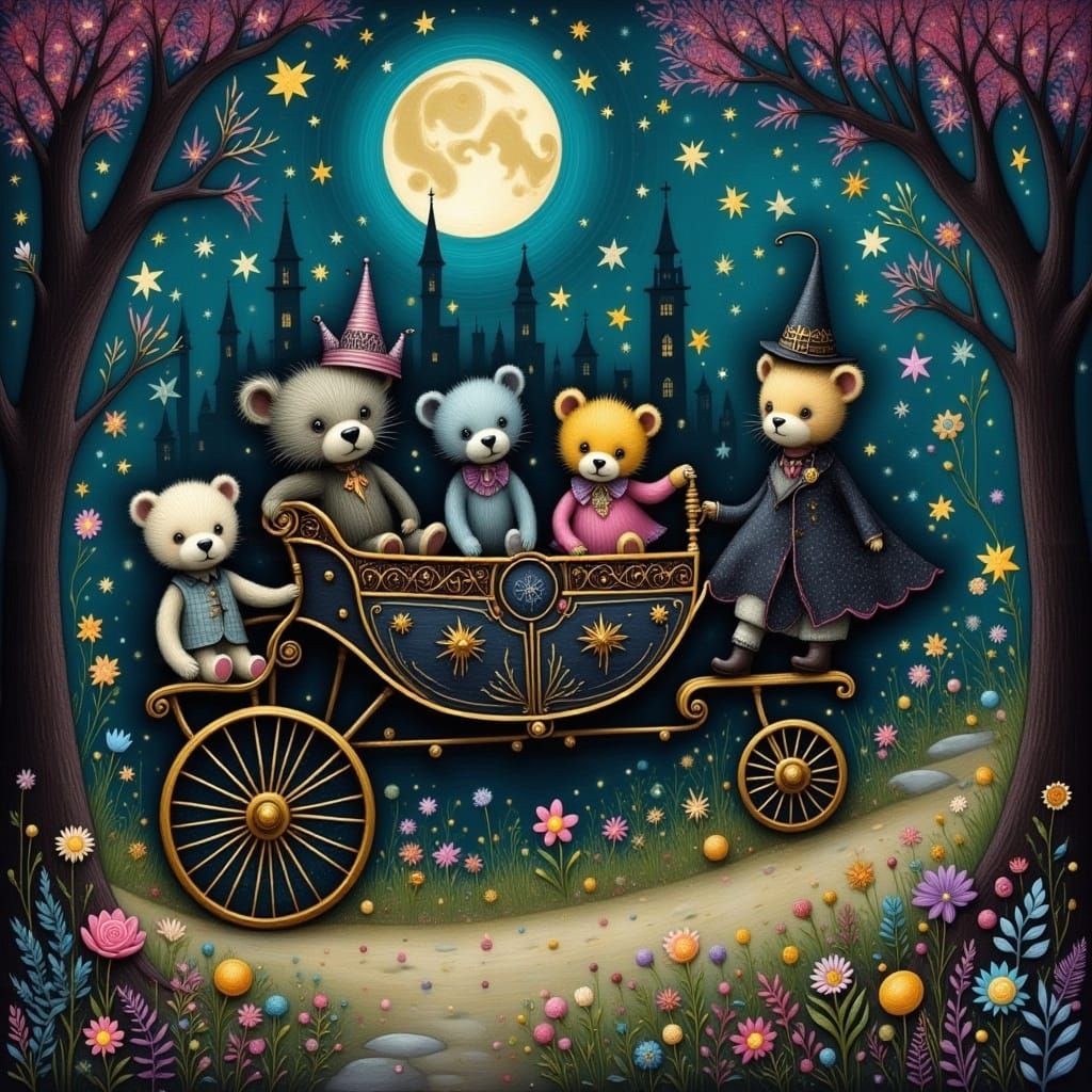 Ornate Vampire Carriage Pulled by Teddy Bears in Enchanted F...