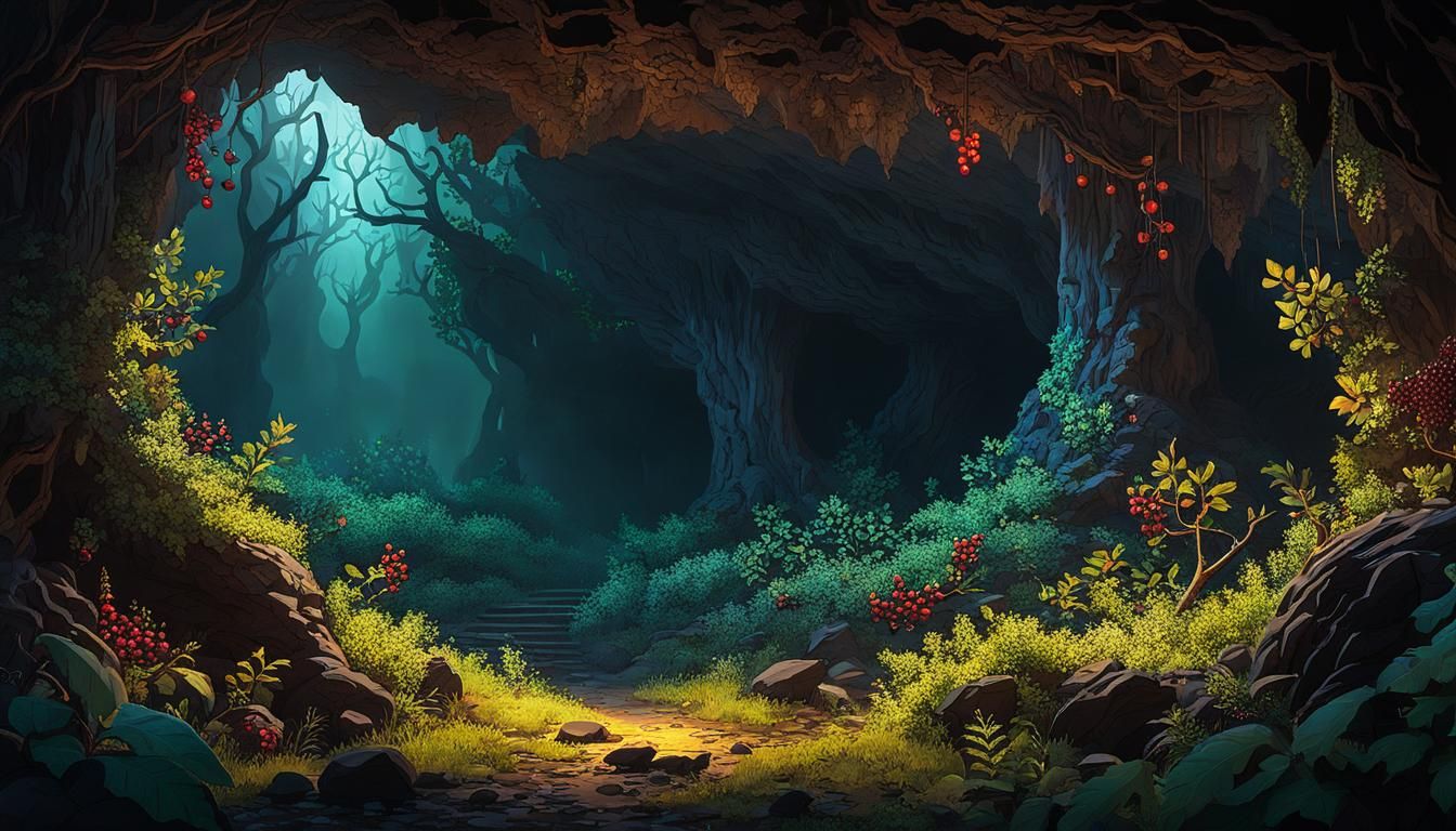 Oak Forest View from Cave with Hidden Creatures