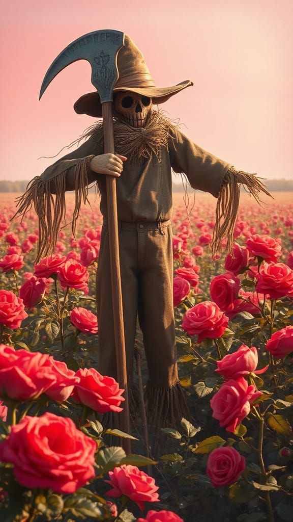Surreal Scarecrow Surrounded by Vibrant Roses in Soft Pink L...