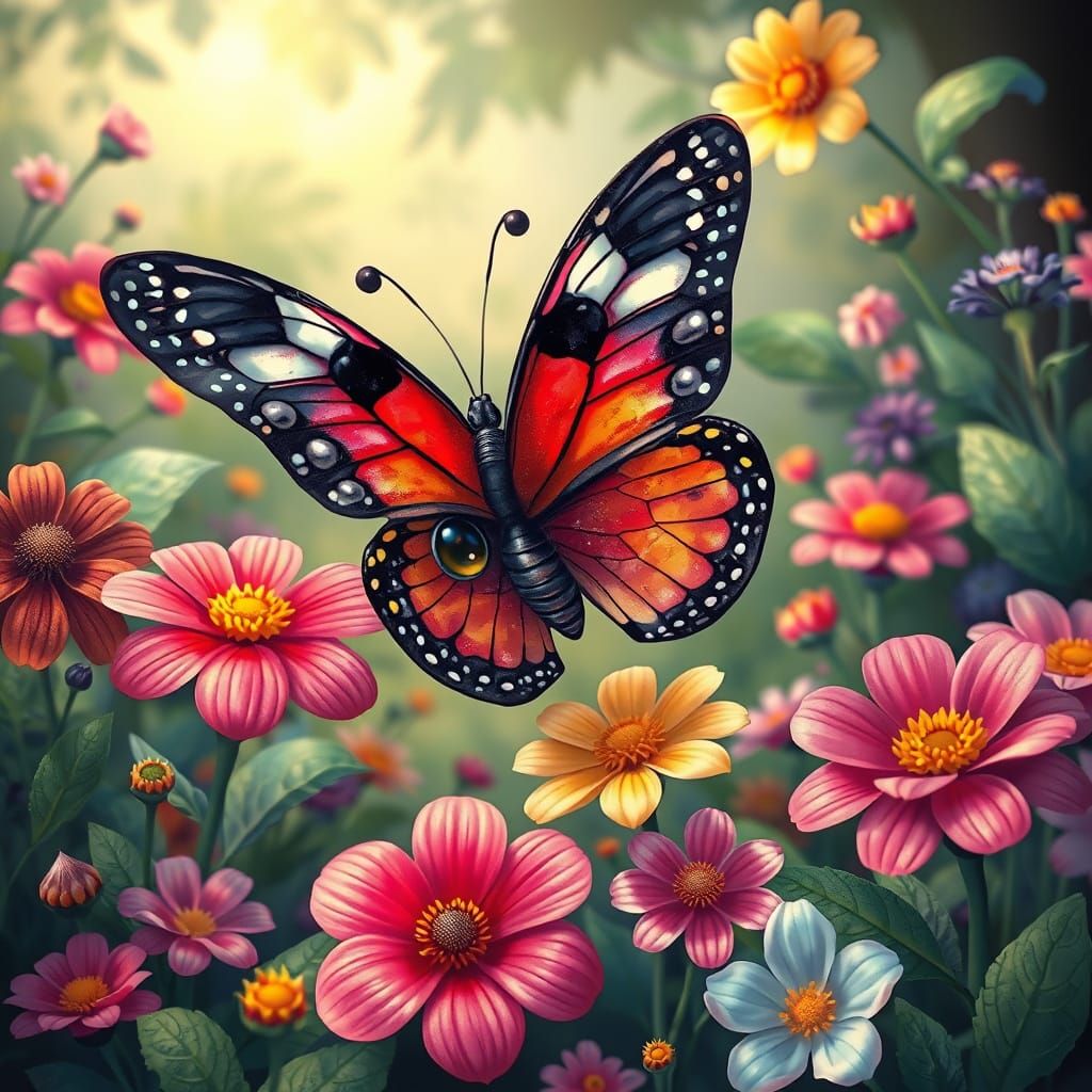 Puzzled Butterfly in Surreal Pop Art Garden