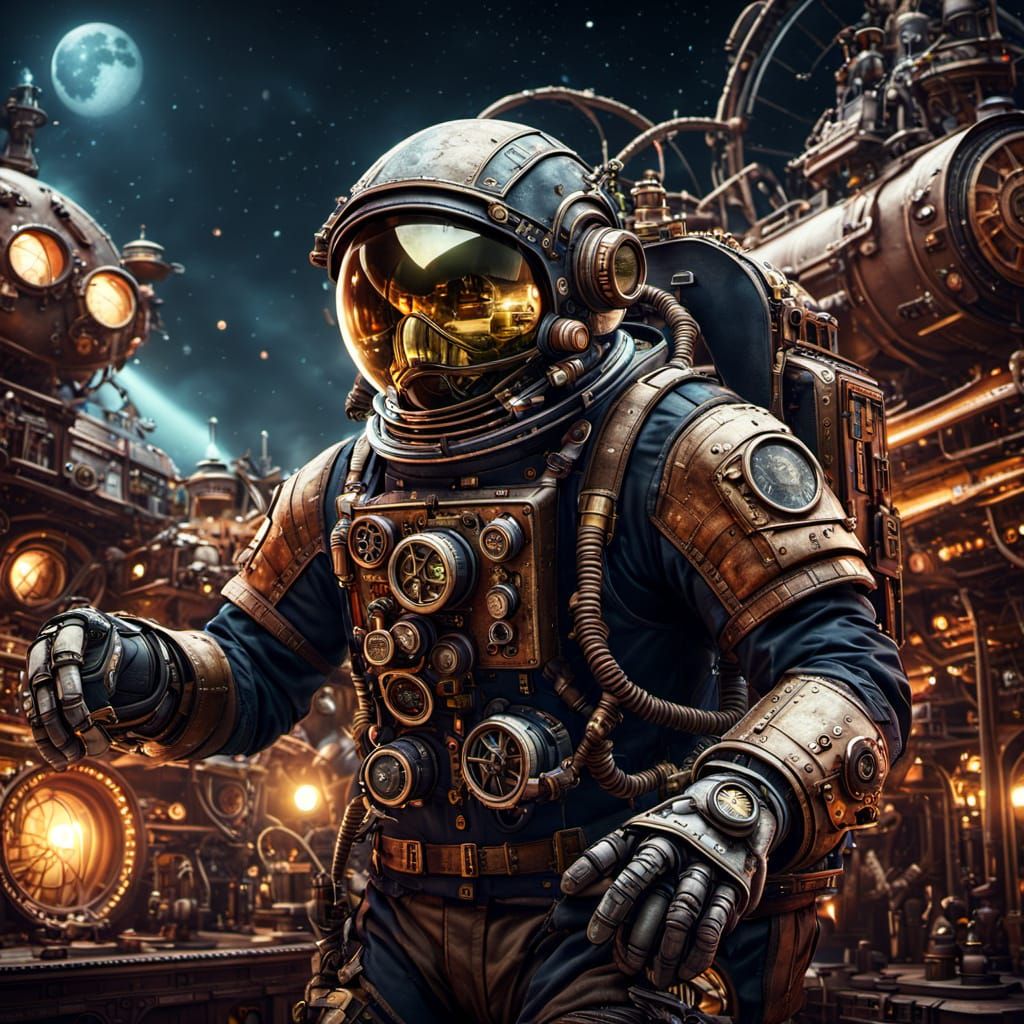 Steampunk Astronaut Over a Futuristic Spaceship at Night