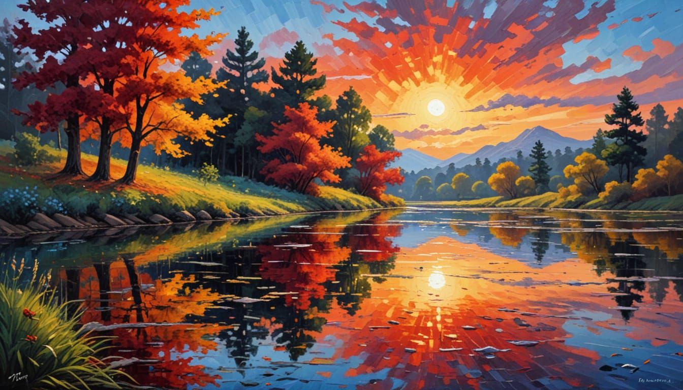 Serene Amber Reed Landscape with Red Lake