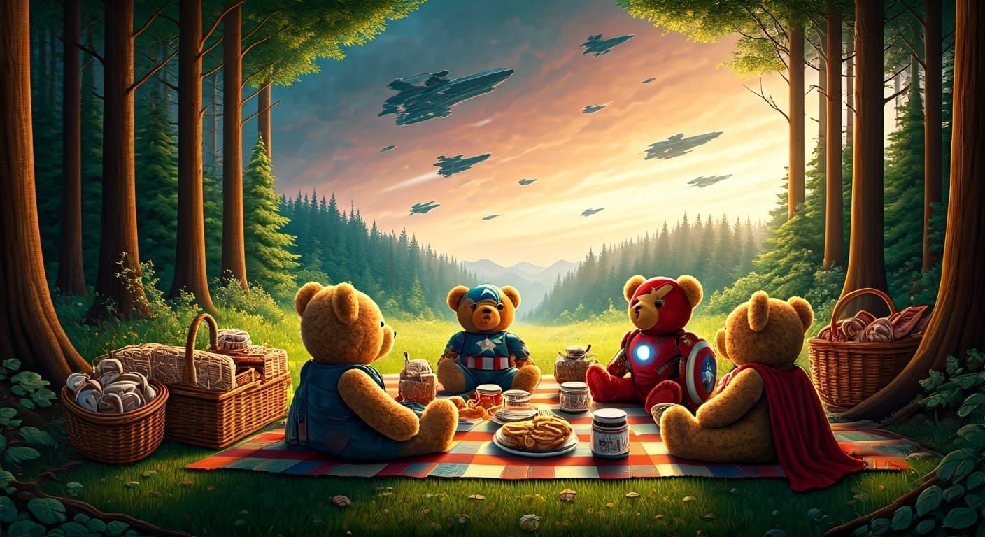 Marvel Heroes as Teddy Bears Picnic, Watercolor Style