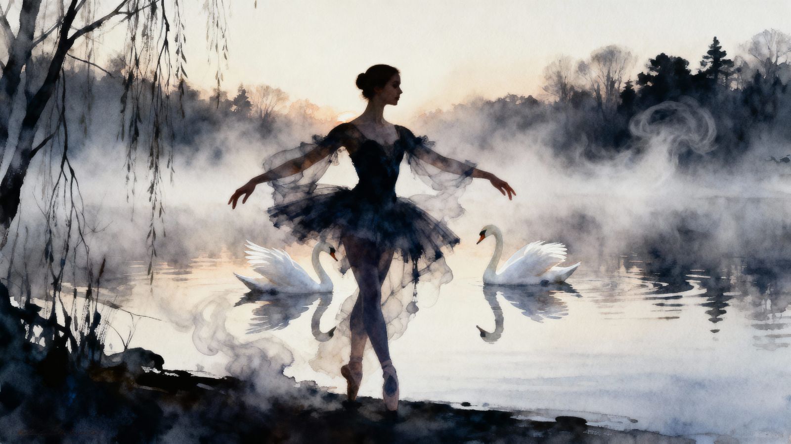 Elegant Ballerina Double Exposure in Watercolor Style