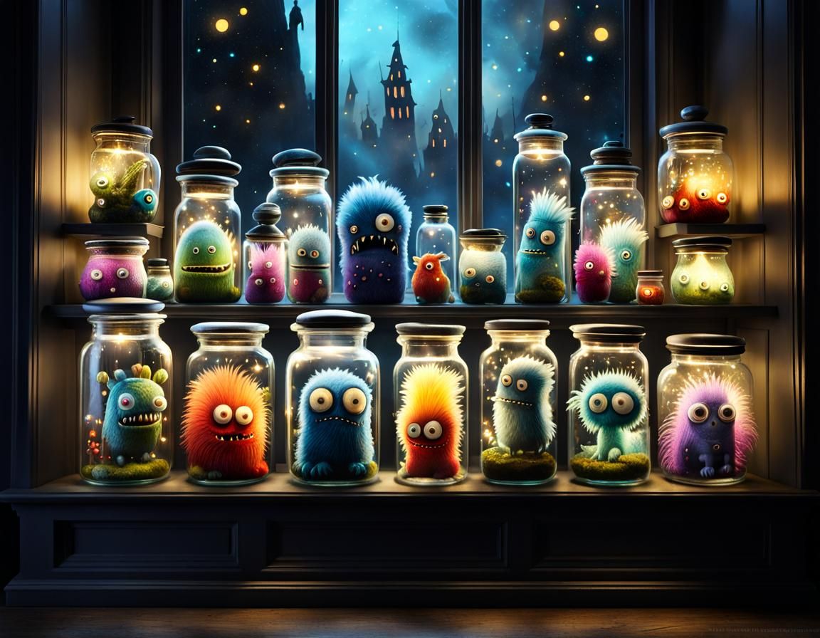Cute Monsters in Jars, Whimsical Display