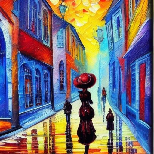 Steampunk Girl in Gothic Street: Neo-Impressionist Oil Paint...