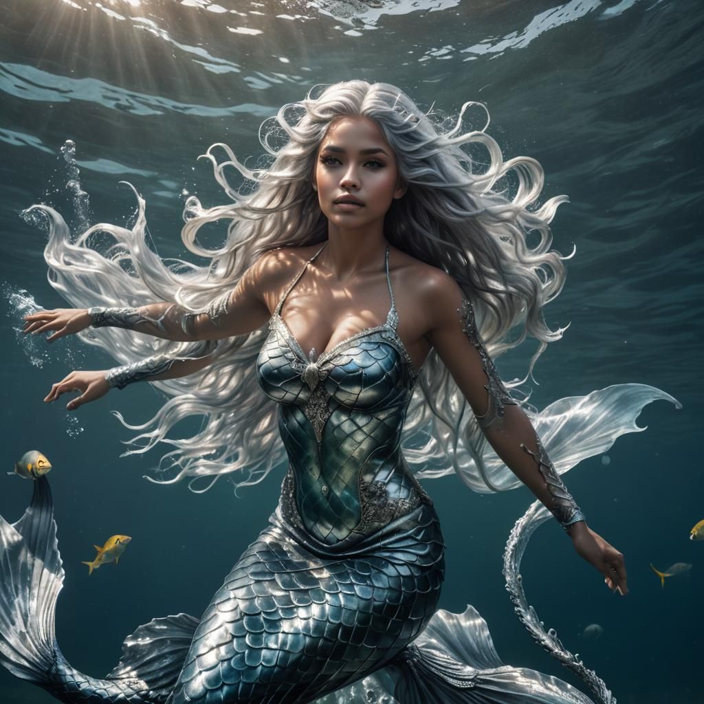 Hyperrealistic Silver-Haired Mermaid in Ocean