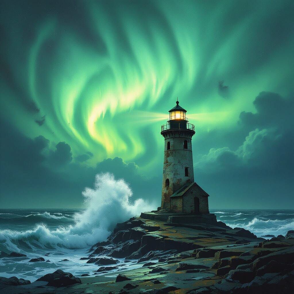 Lighthouse Under Aurora in Dramatic Style