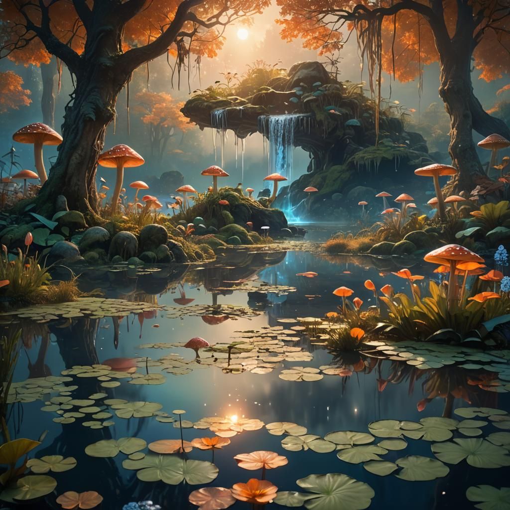 Lush Fantasy Landscape with Glowing Pond, Art Nouveau
