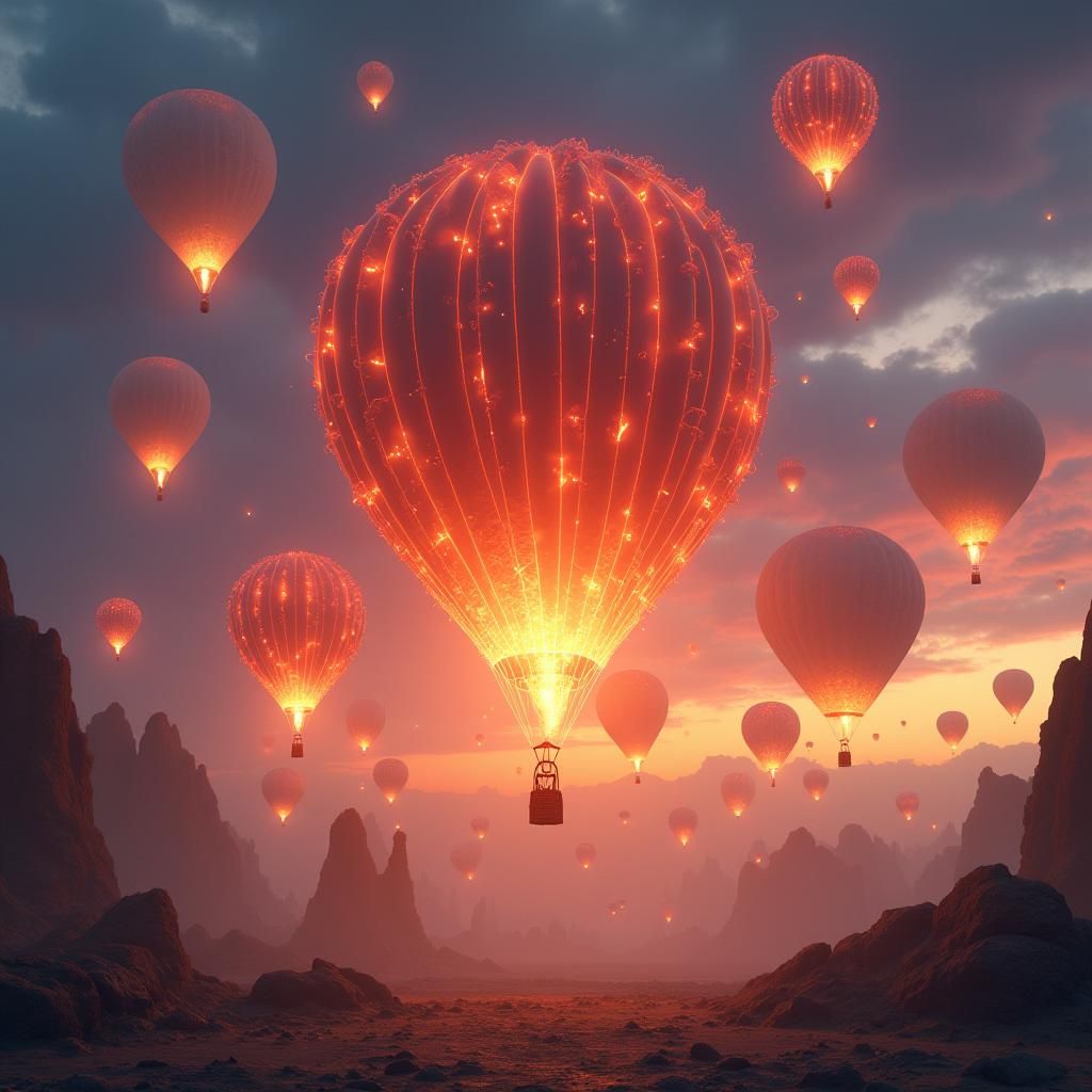 30 Fire Hot Air Balloons in Fantasy Dusk Sky