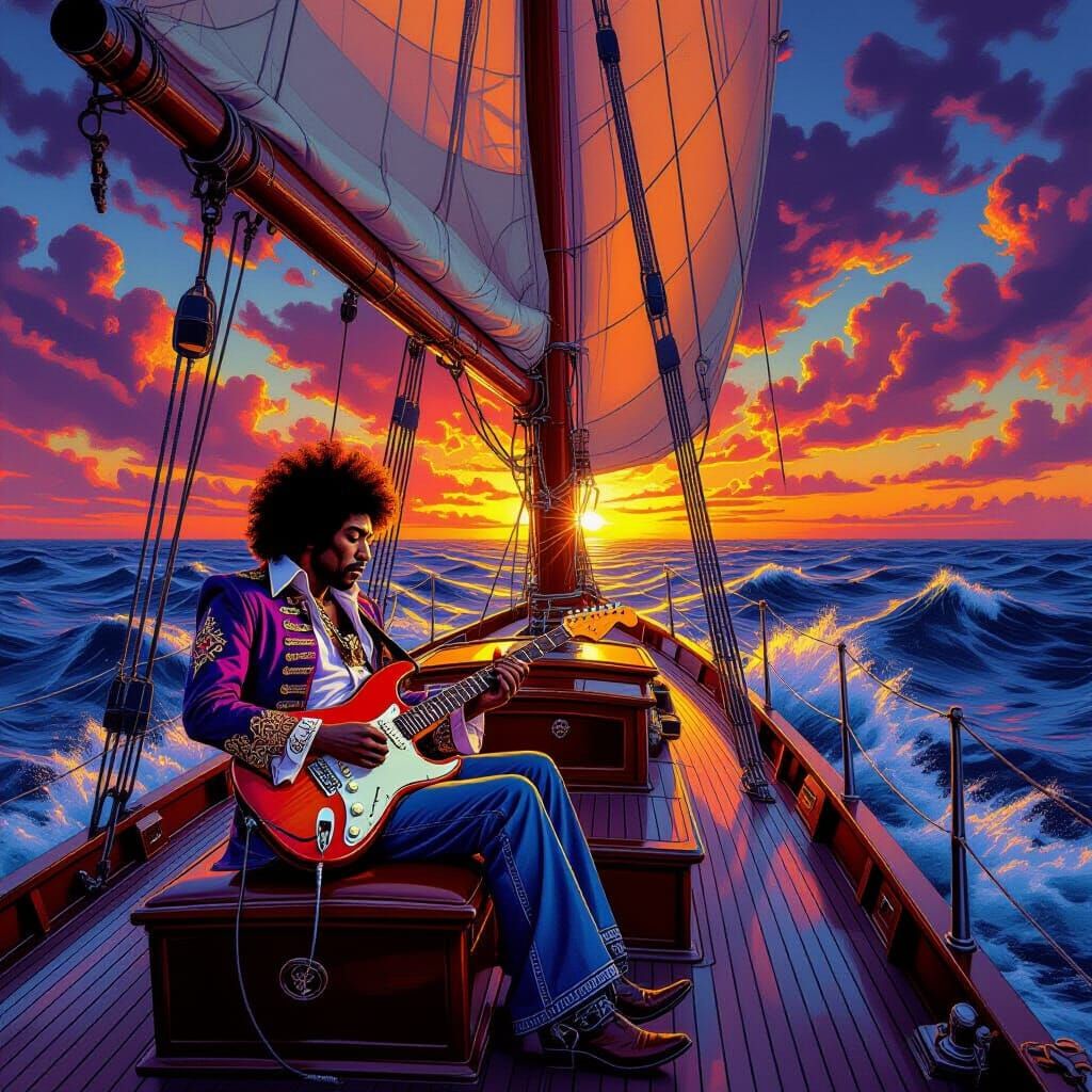 Jimi Hendrix Plays Psychedelic Sunset Sailboat Painting