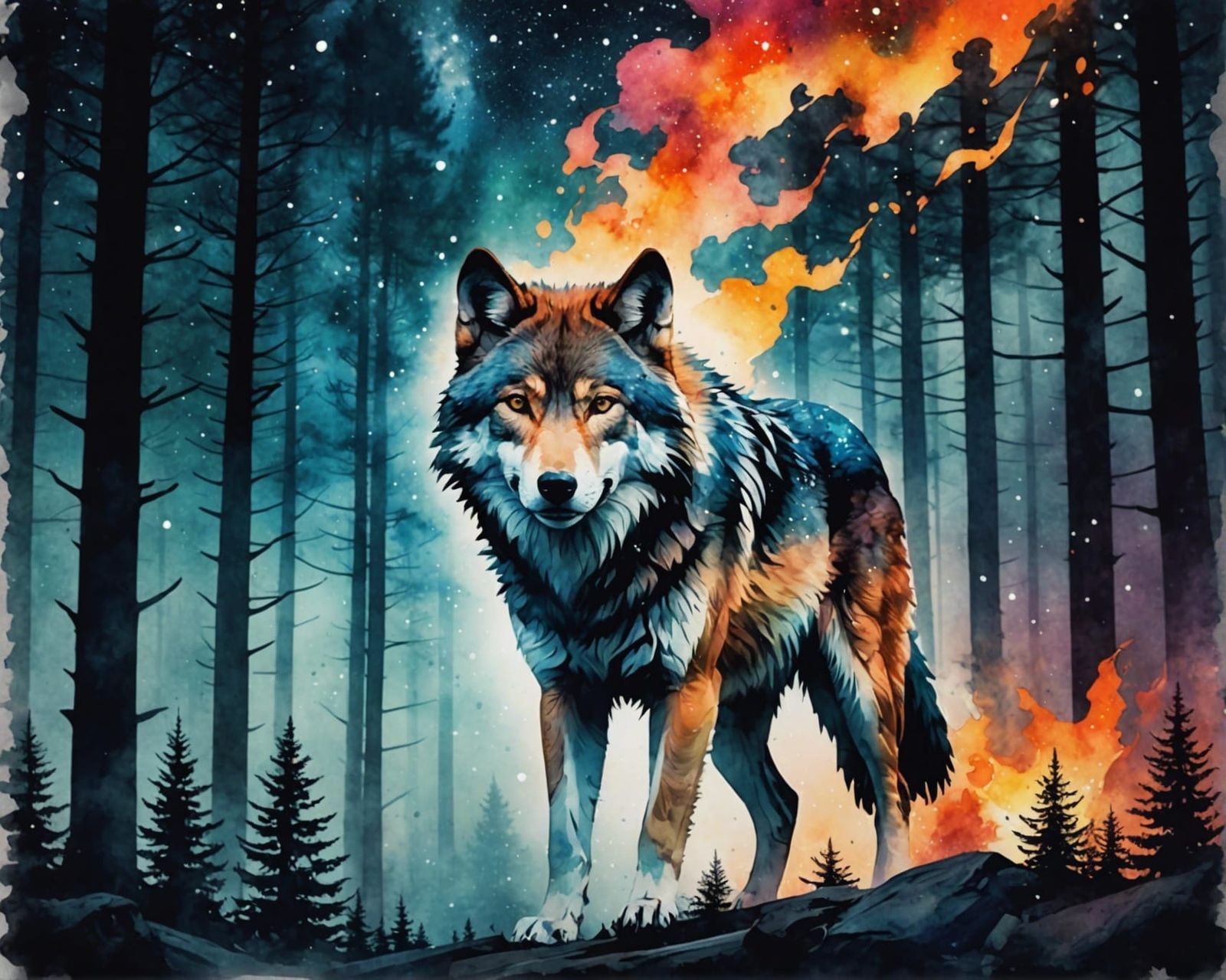 Watercolor Galaxy Wolf Double Exposure Splash Art
