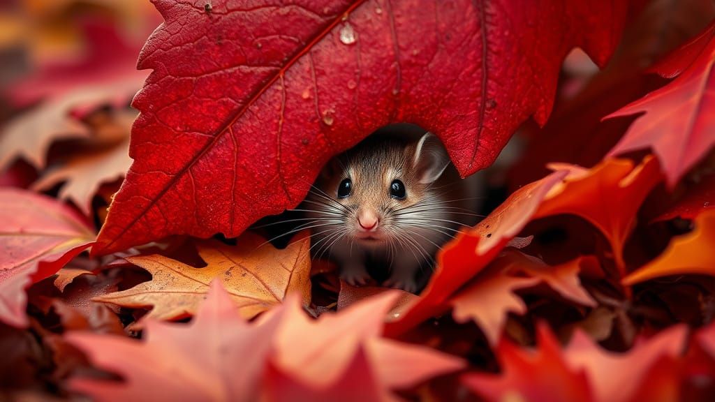 Tiny Mouse Peeking Under Crimson Oak Leaf