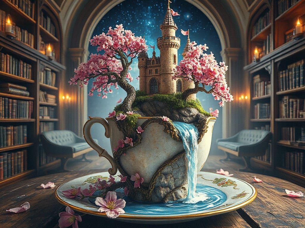 Microscopic Castle Teacup Art in Wax Crayon Style