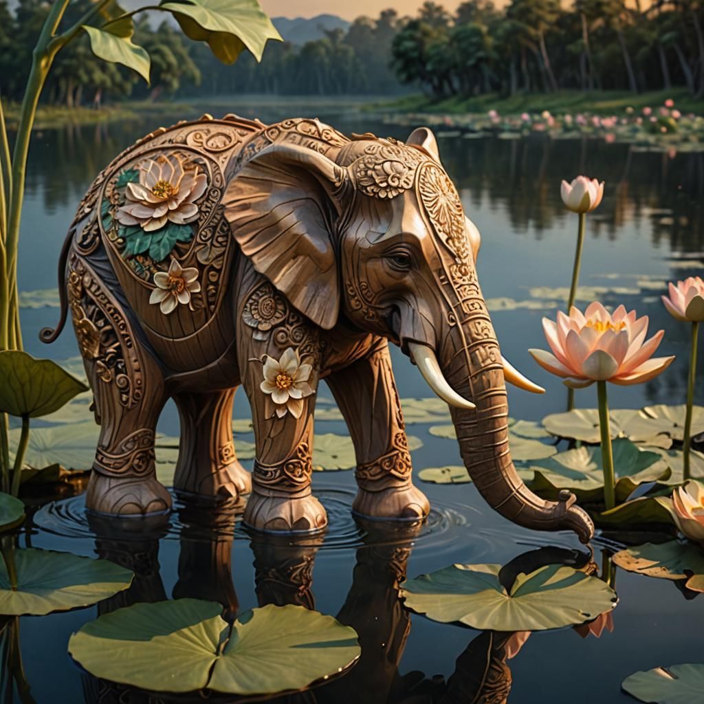 Elephant Wood Carving at Dusk by Serene Lake