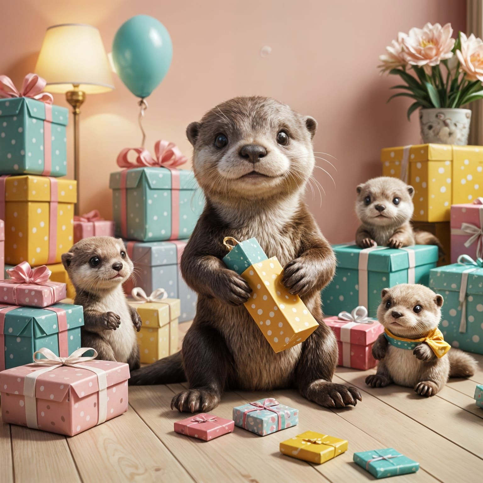 Cozy 1950s Living Room Scene with Otter Family