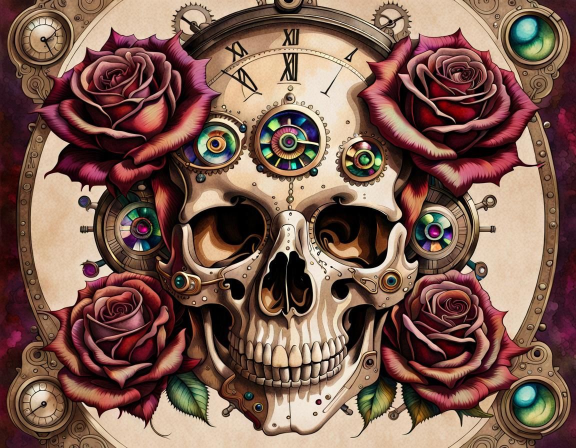 Steampunk Clockwork Skull with Aurora Eyes Watercolor