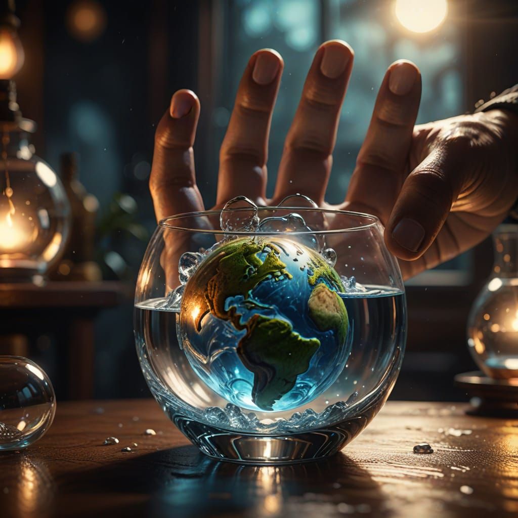 Giant Hand Holding a World in Glass: Hyperrealistic Art