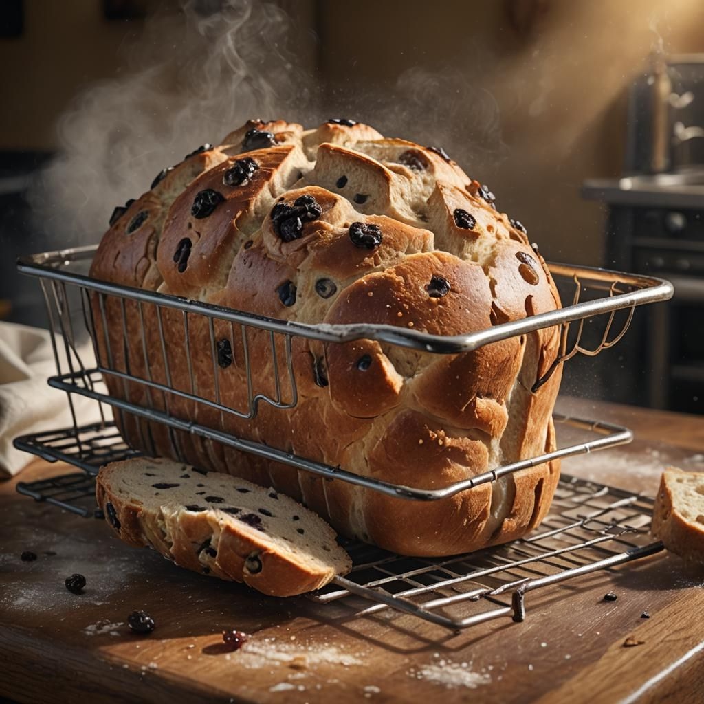 A hyperrealistic loaf of fresh raisin bread, sliced in hald,...