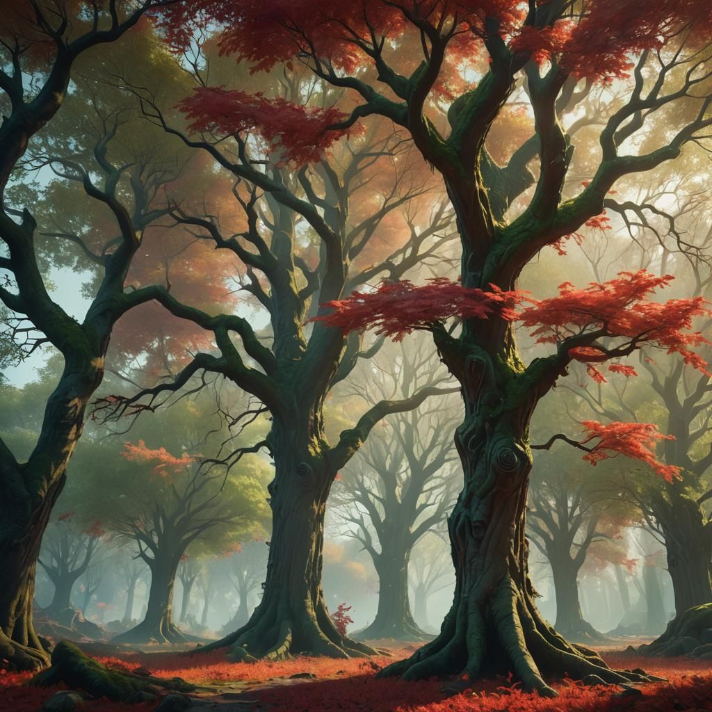 Fantasy Trees with Red Leaves, Digital Art