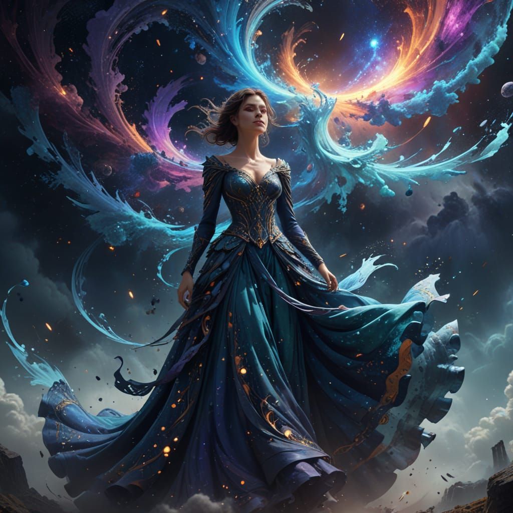 Woman in Galaxy Dress: Surreal Digital Art