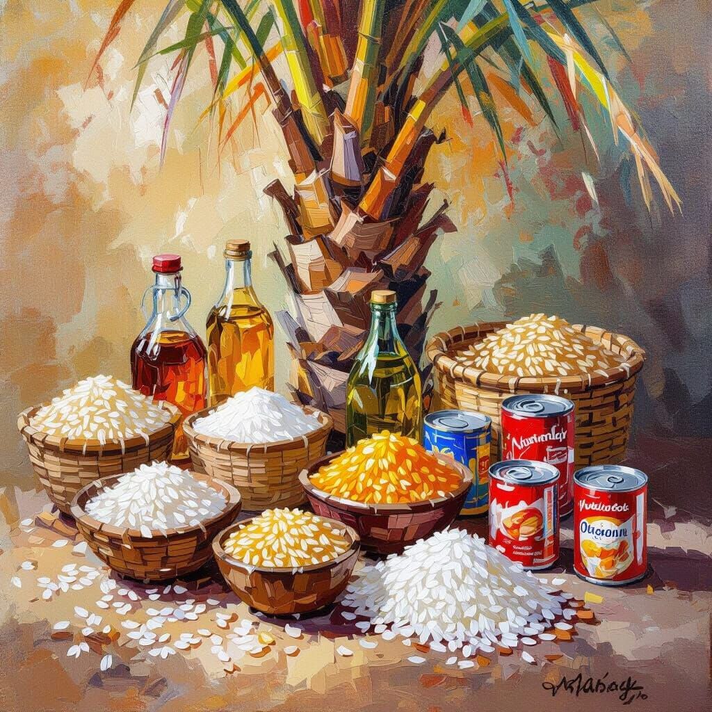 Vibrant Oil Painting of Foodstuffs Store with Warm Lighting