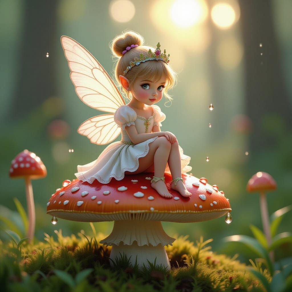 Fairy Princess on Mushroom, Whimsical Digital Art
