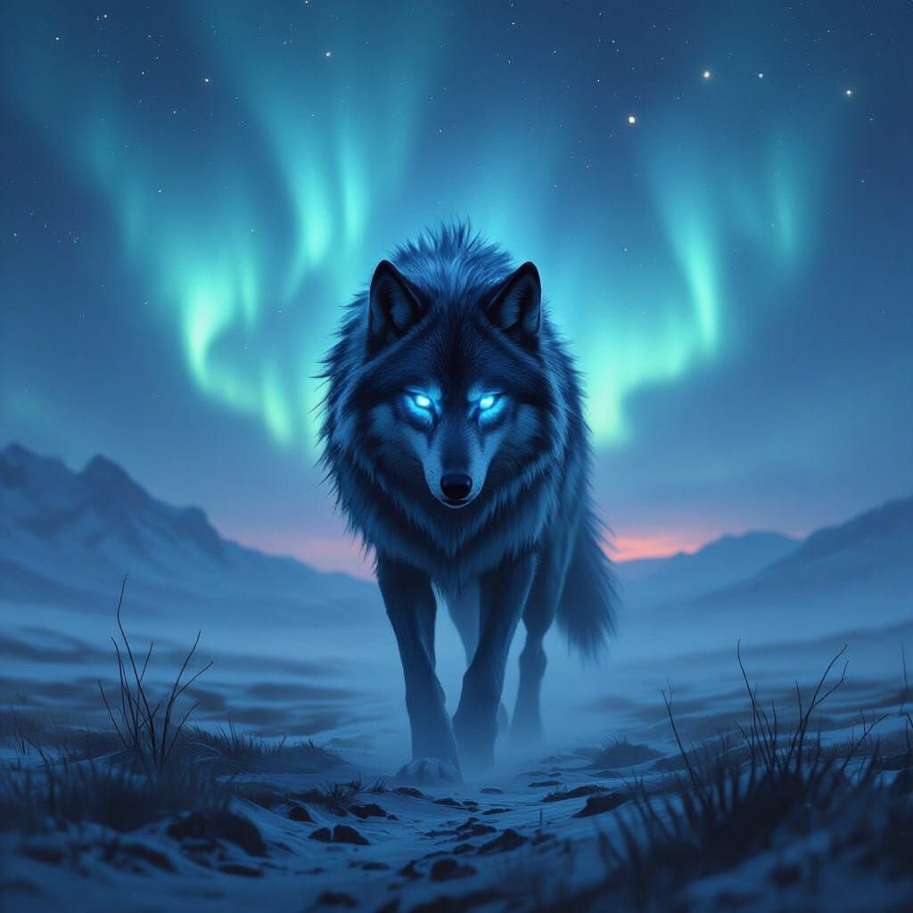 Spectral Wolf Under Aurora Sky, Dark Fantasy Art