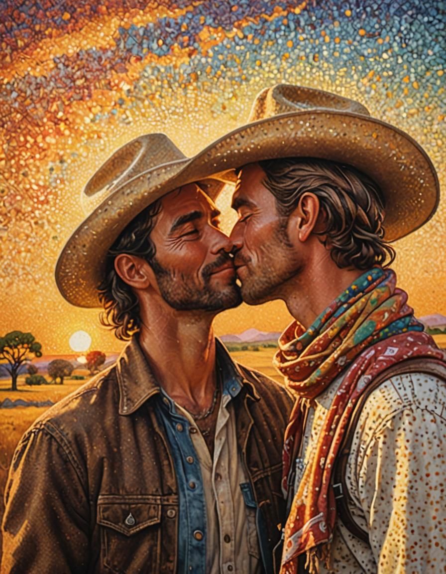 Cowboy in sunset kissing man in pointillism style