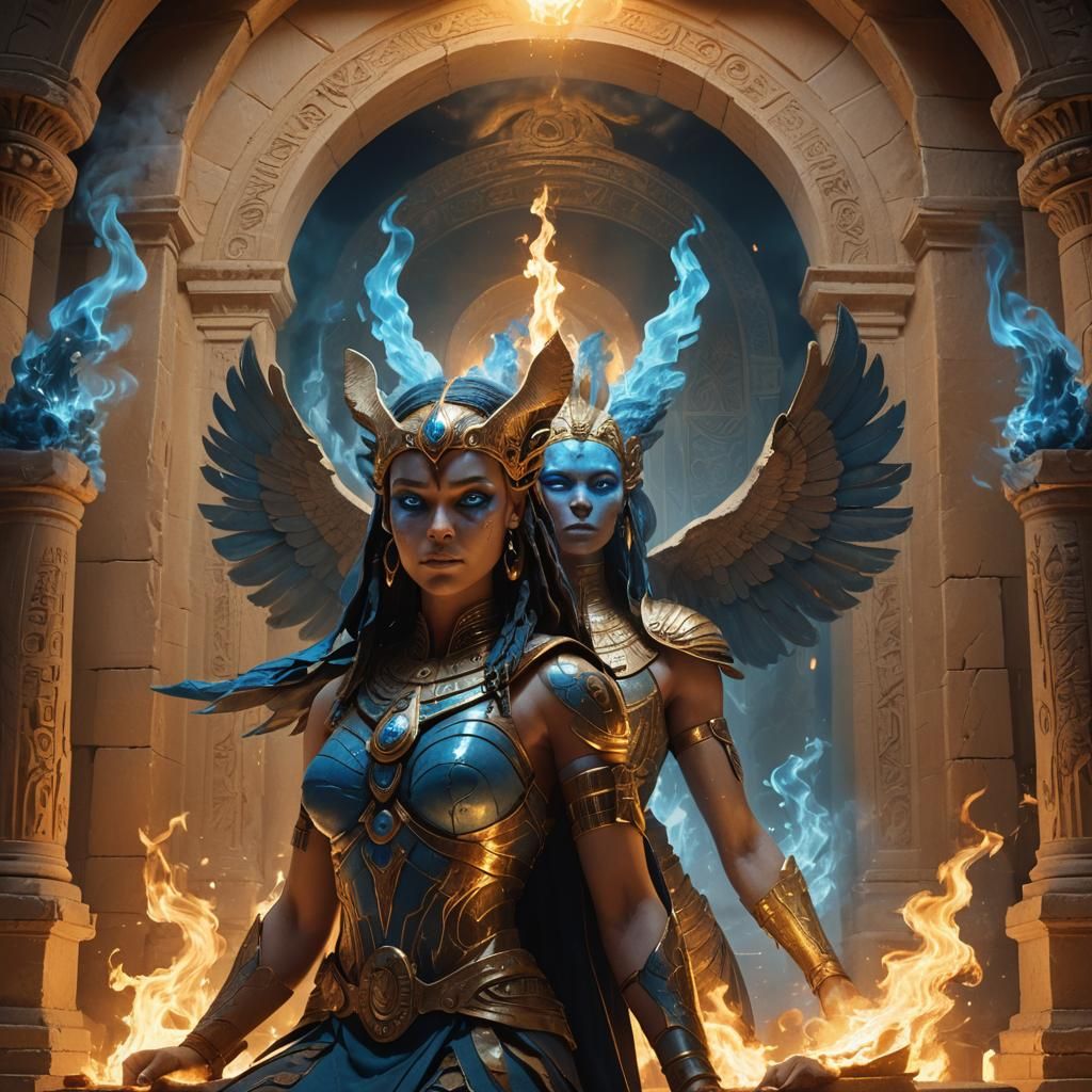 Mystical Sphinx Surrounded by Blue Flames