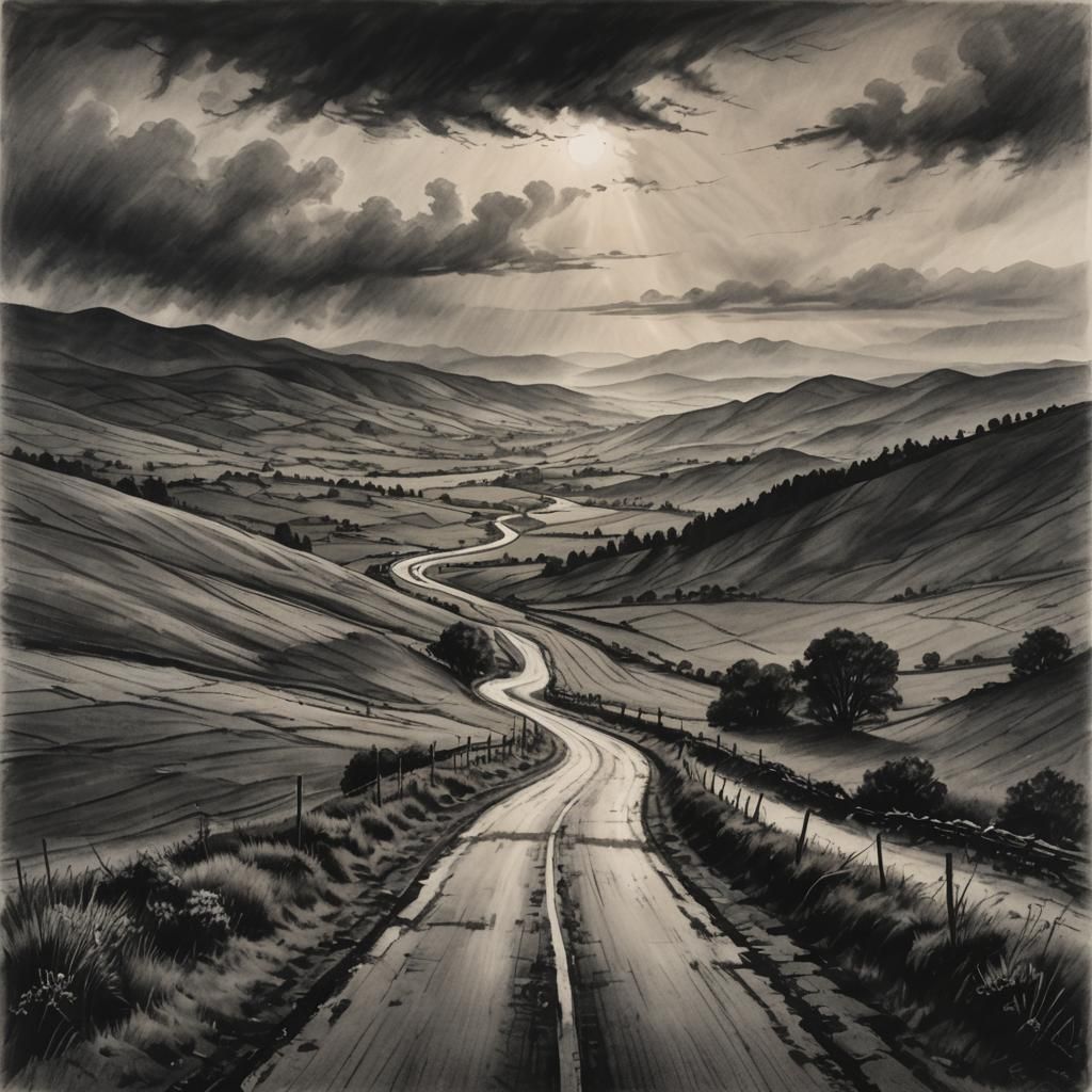 Atmospheric Charcoal Landscape with Winding Road and Misty M...