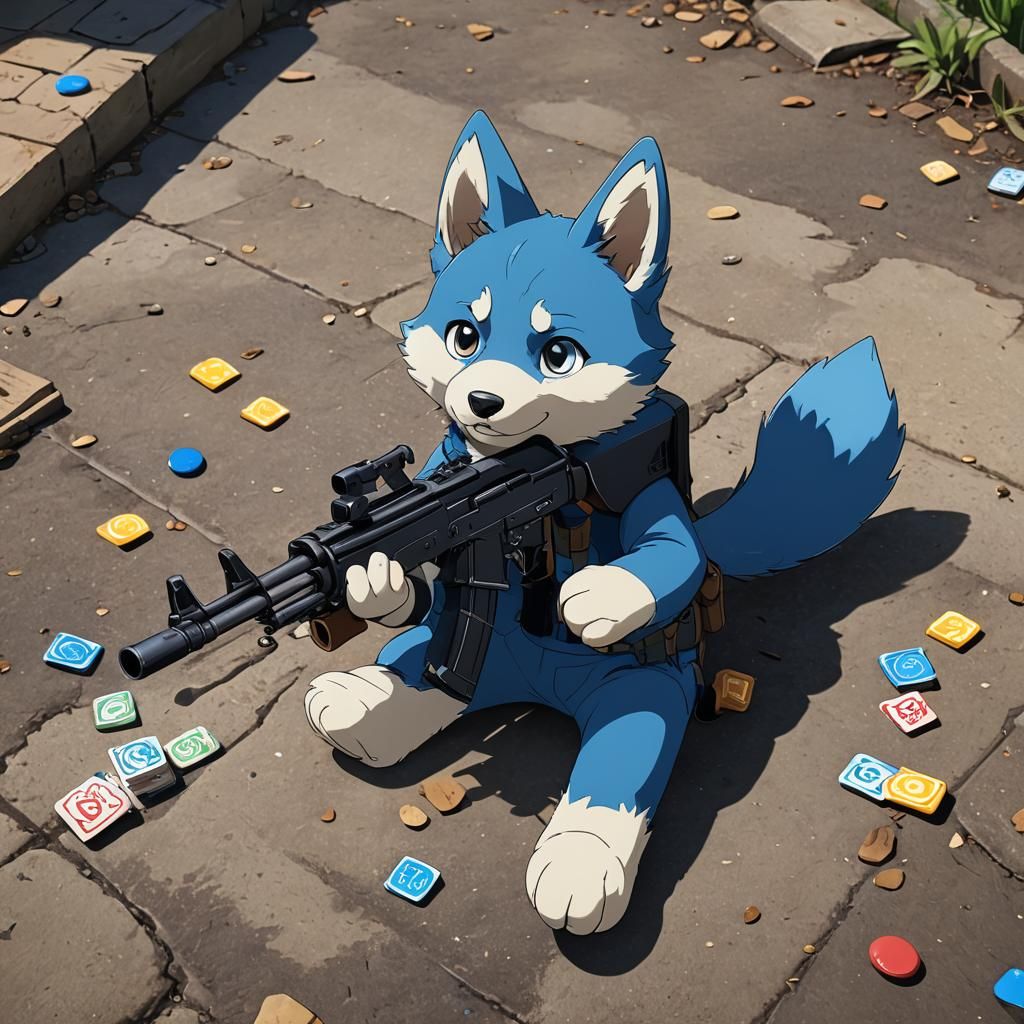 Anime-Style Bluey with AK-47: High-Contrast Key Visual