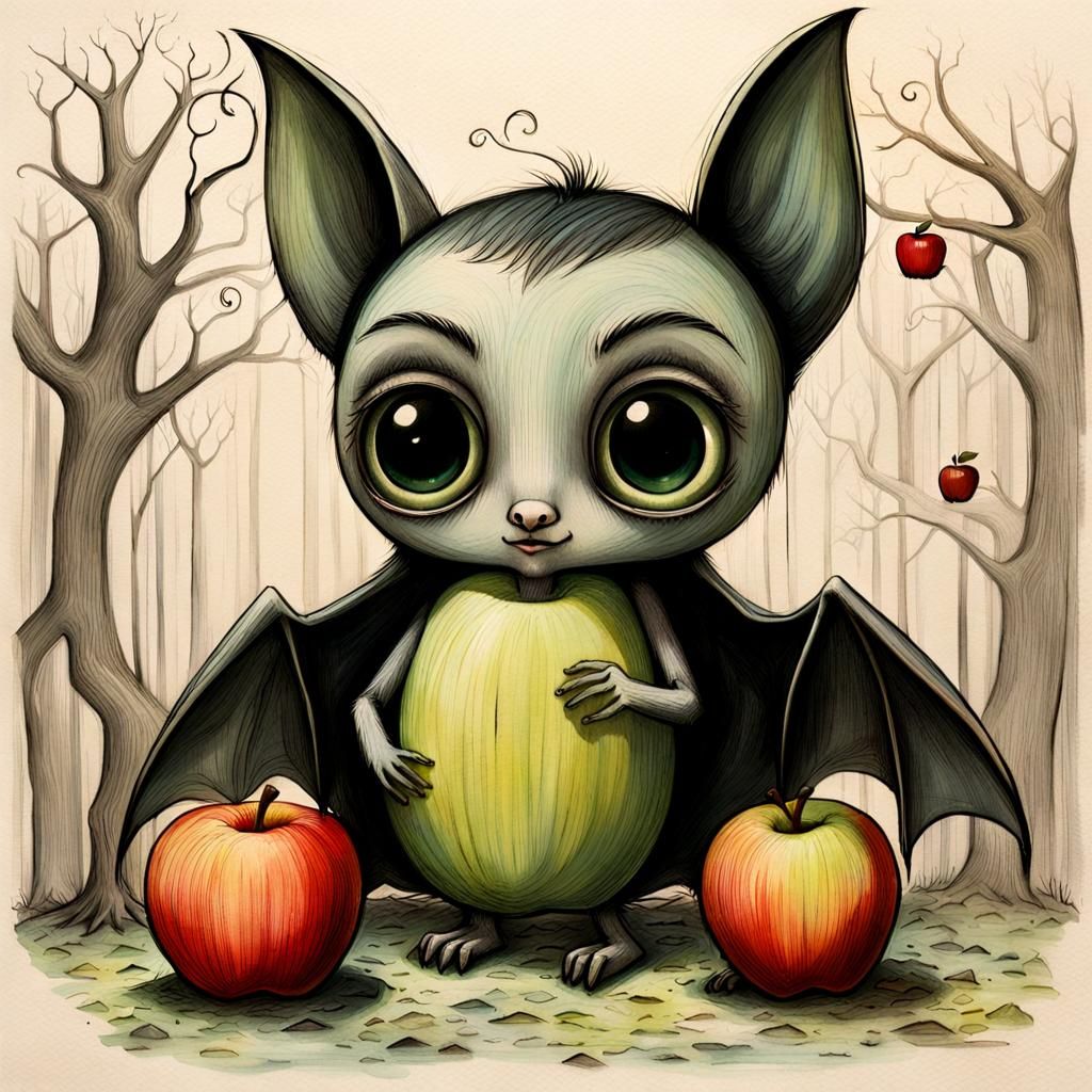 Girl Feeds Fruit Bat in Sketch Style