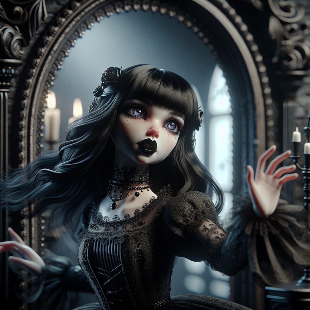 Gothic Doll Dancing in Dark Fantasy Mirror Scene