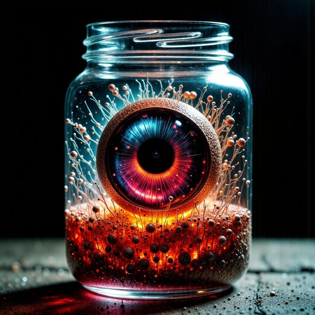 <lora:Abstract Reality:9.0> A glass blood jar with a hyper-detailed eyeball in it, explosive spray art; exploding blood ...