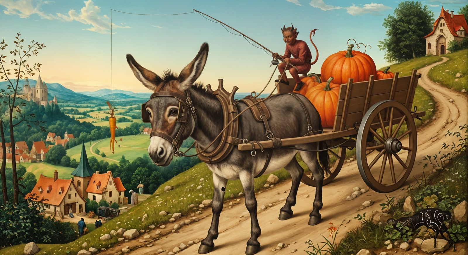 Devil Tempts Donkey with Carrot in Oil Painting