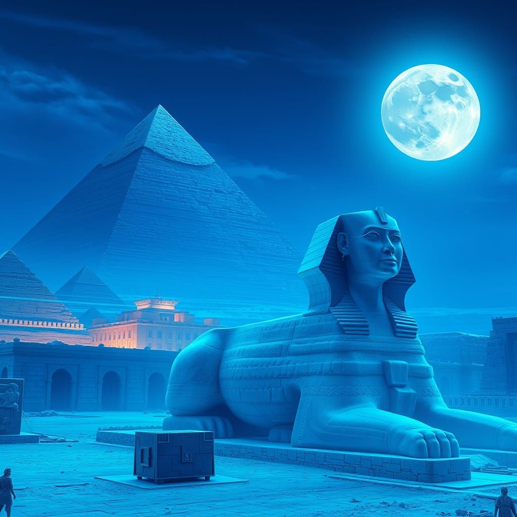 Ancient Egypt in Blue: Pyramids Under Ethereal Moonlight