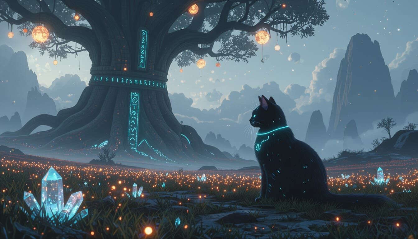 Bioluminescent Cat in Alien Landscape, Matte Painting Style