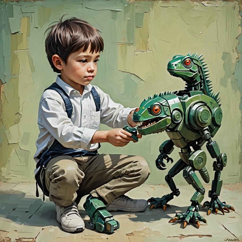 Boy and Futuristic Robot Iguana Toy as Impasto Painting