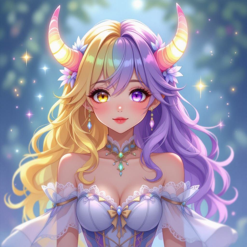 Anime Girl with Glowing Horns and Split Hair