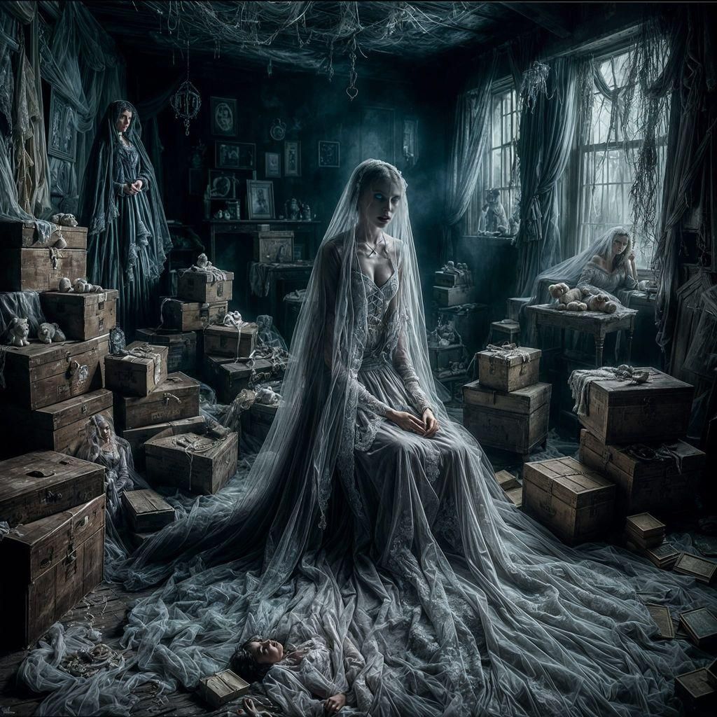 Girl in Attic with Ghostly Bride: Macabre Scene