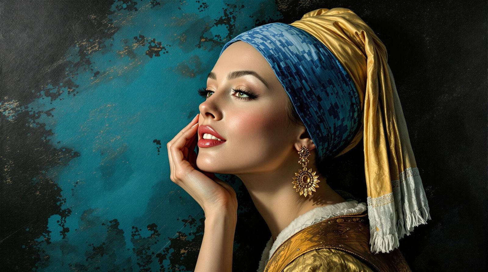 Glowing Turquoise Portrait of a Happy Woman in Textured Brus...