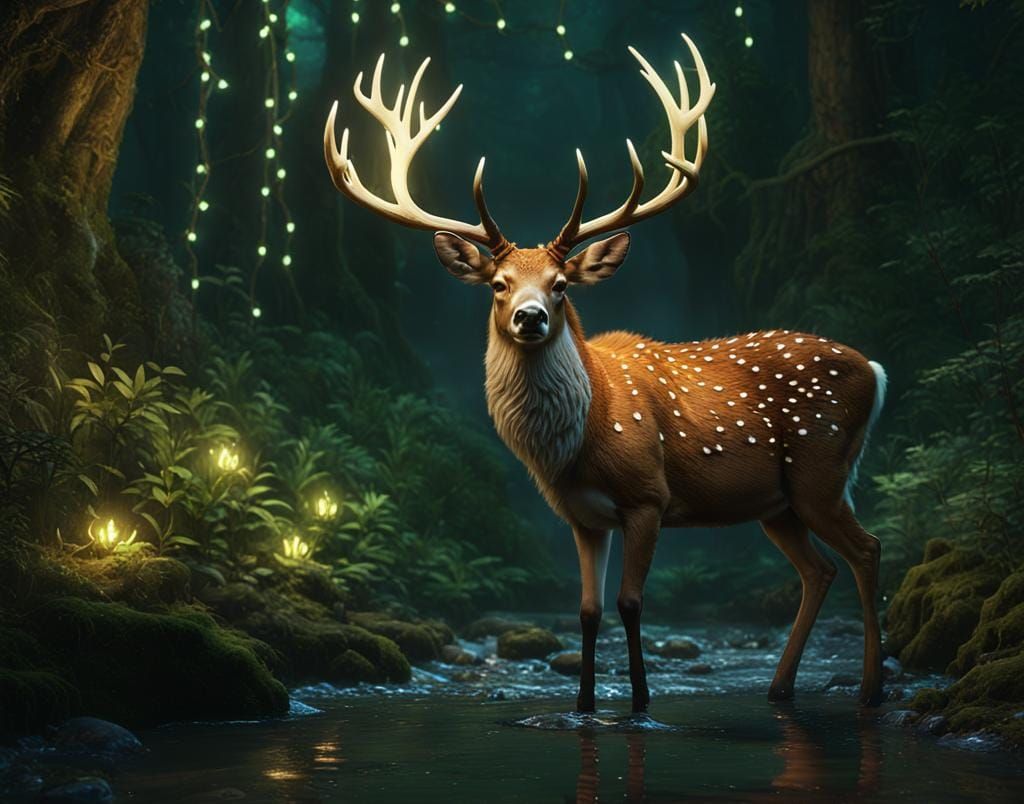 Deer Drinking in Creek with Fairy Lights