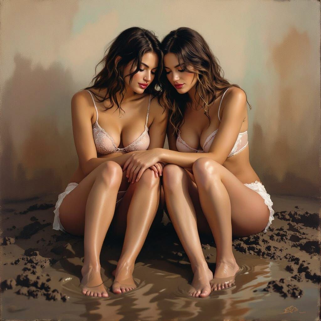 Intimate Embrace in Mud, Erotic Realism Art